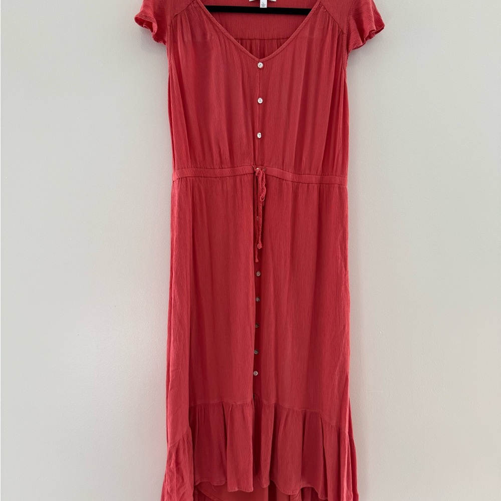 New Directions Coral High Low Dress with Flutter Sleeve Button Up Maxi